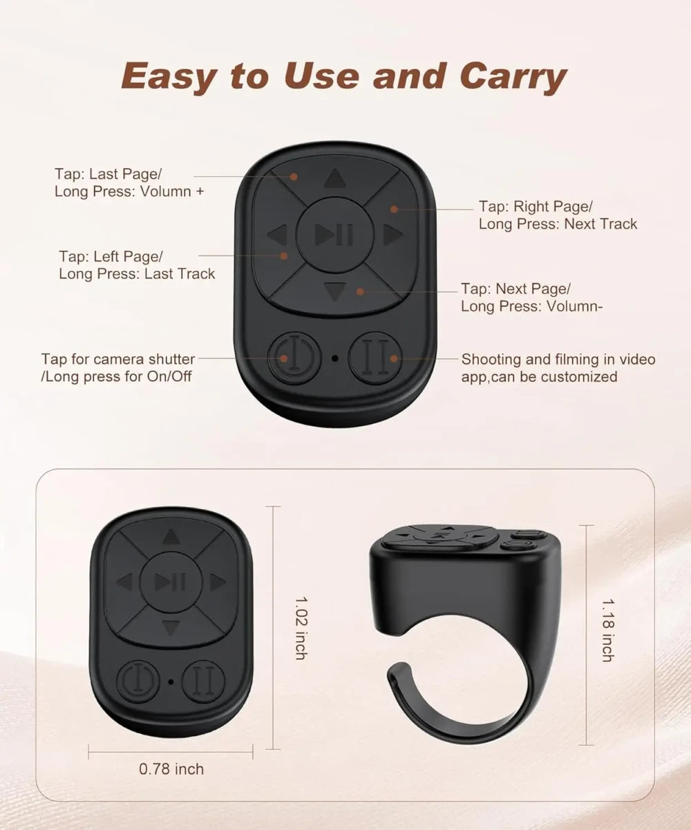 Scrolling Ring Wireless Remote Control Page Turner for iPhone Android, Phone Video Scroller, Camera Shutter
